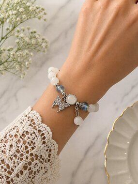 White Beaded Glass Bracelet Blue Accent Butterfly Silver Charm Crystal Elegant